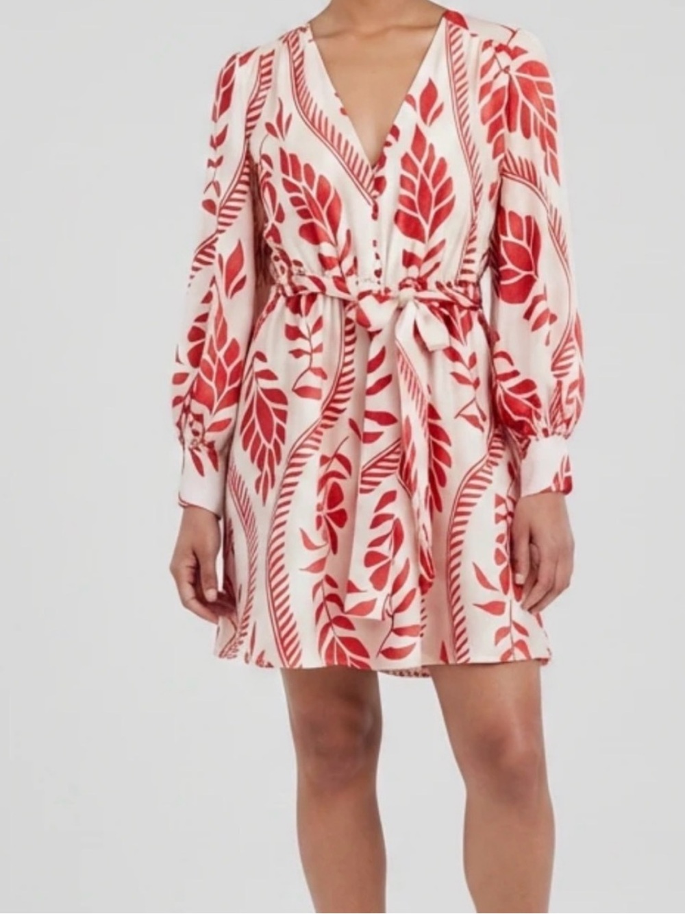H&M Ivory White Red Tropical Print Long Sleeve Belted Dress
